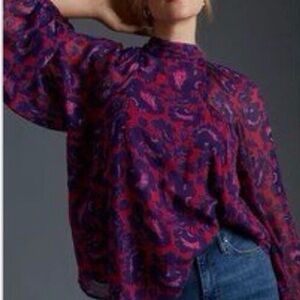 Floral Maeve by Anthropology Tie Neck Cut Out Back Blouse, XS, Purple and Pink